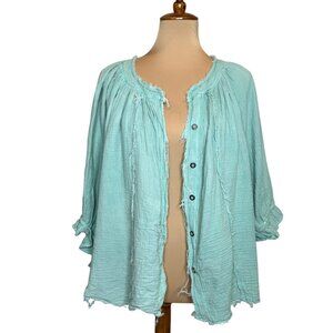 We The Free Lucy Swing Top Medium Aqua Frayed Hem Button Up Blouse